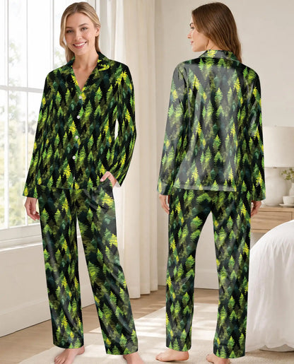 Evergreen Pine Forest Pajama Set for Women – Dark Woodland Tree Camo Print