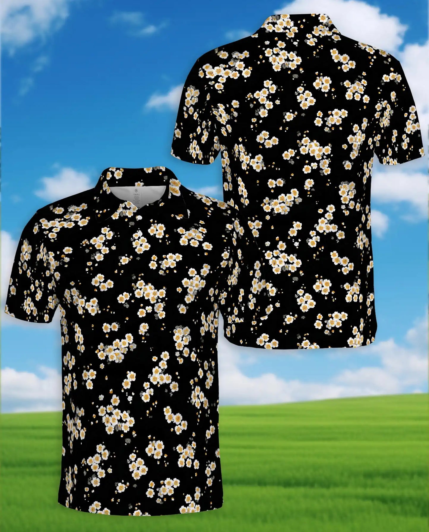 Daisy Flower Polo Shirt for Men, Minimal Floral Style | Azhawaiian