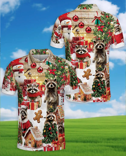 Christmas Raccoon 3D Polo Shirt for Men, Funny Holiday Animal Style | Azhawaiian