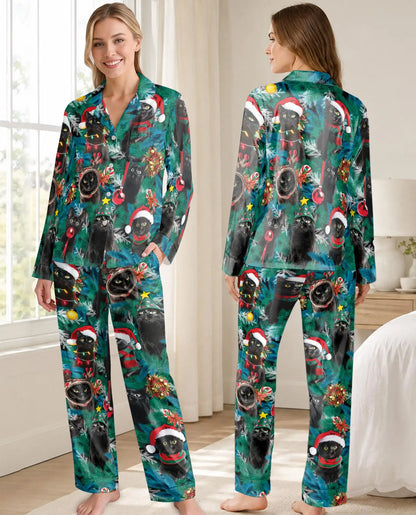 Black Cat Christmas Pajama Set for Women – Santa Hats & Festive Kittens Print