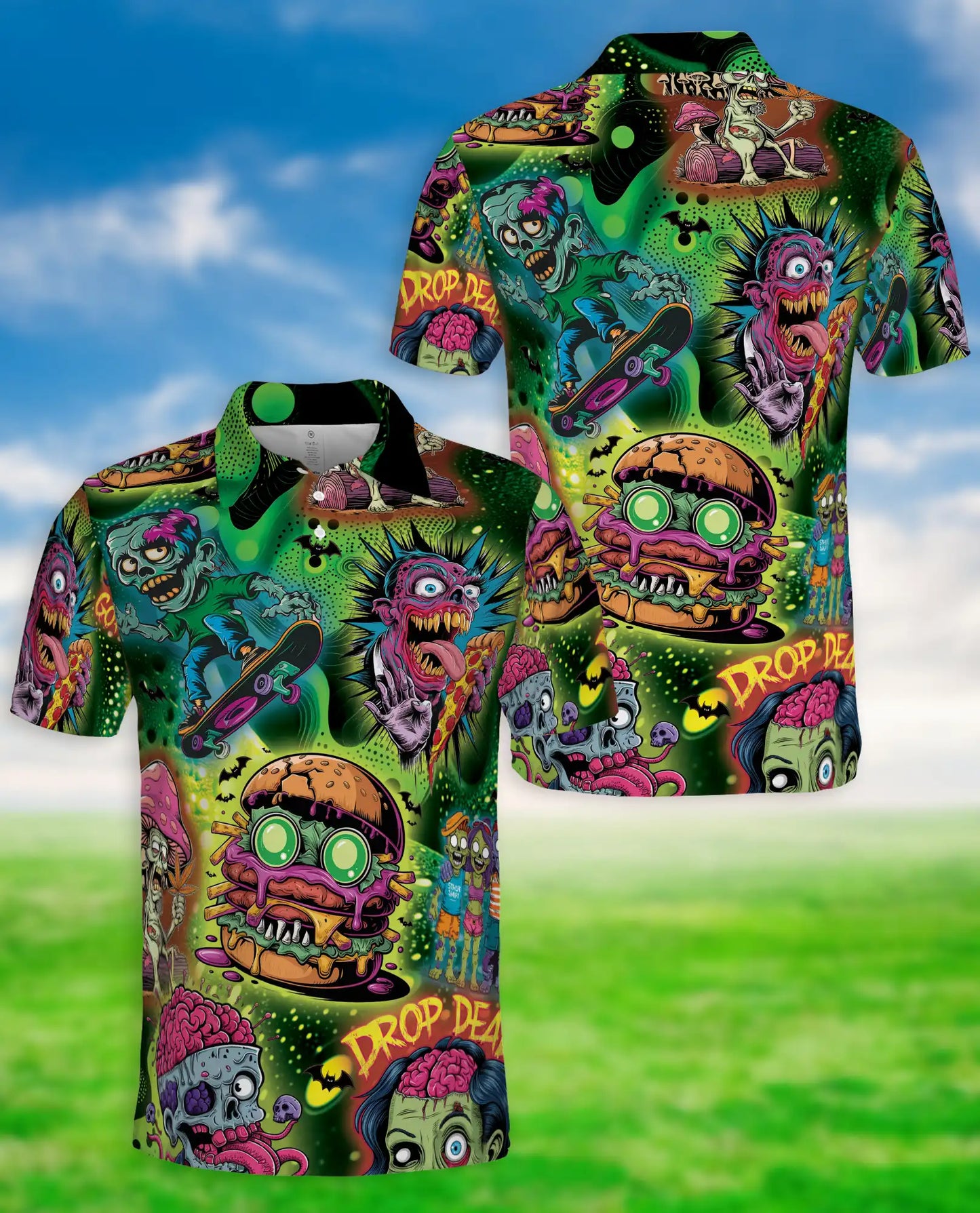 Zombie Skateboard Burger 3D Polo Shirt, Retro Graphic | Azhawaiian