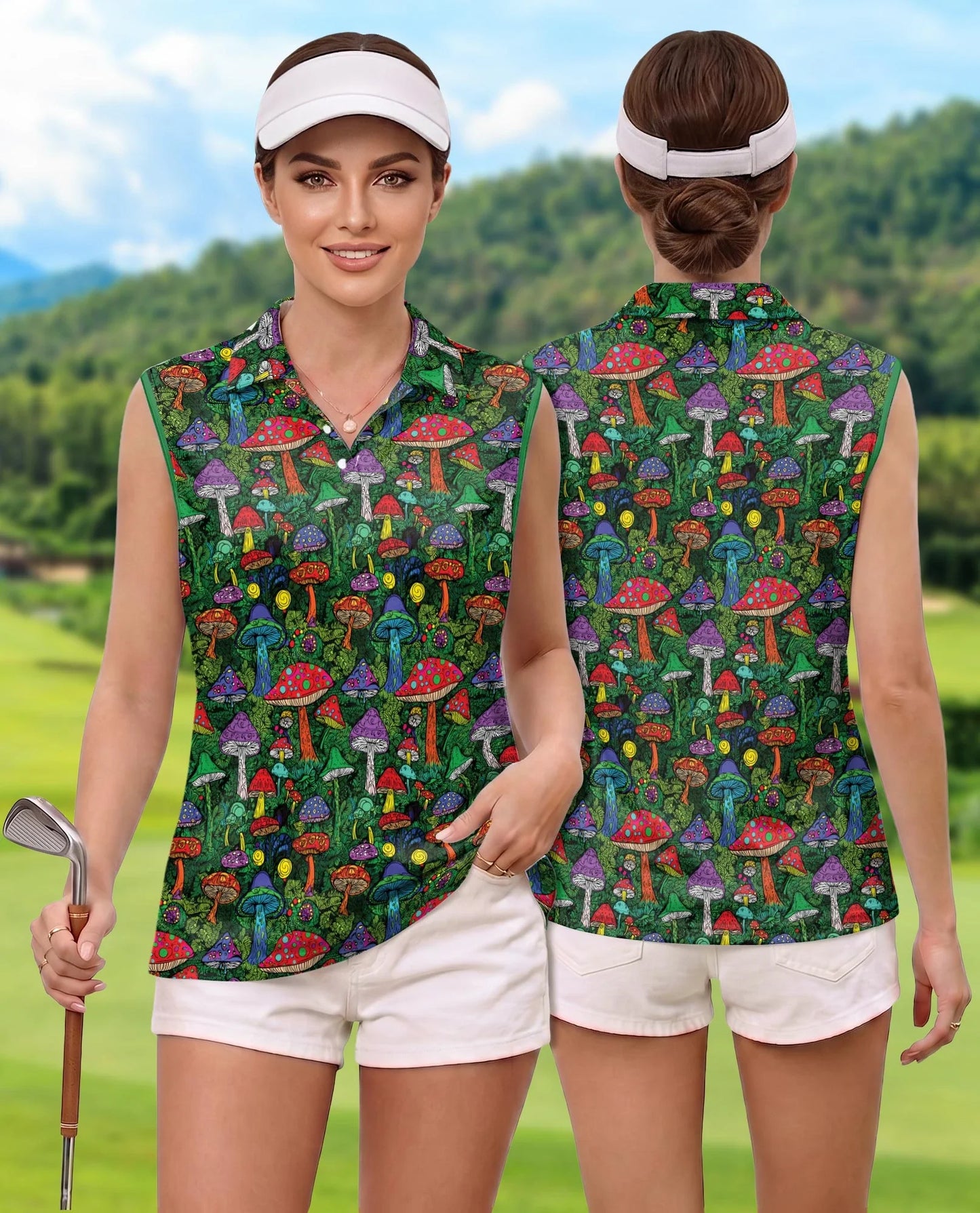 Hippie Vintage Mushroom Sleeveless Polo Shirt for Women | Azhawaiian