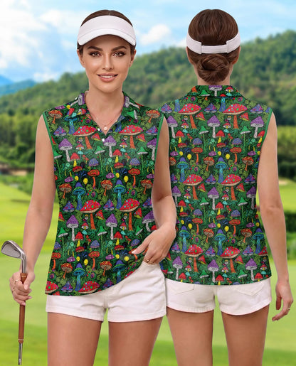 Hippie Vintage Mushroom Sleeveless Polo Shirt for Women | Azhawaiian