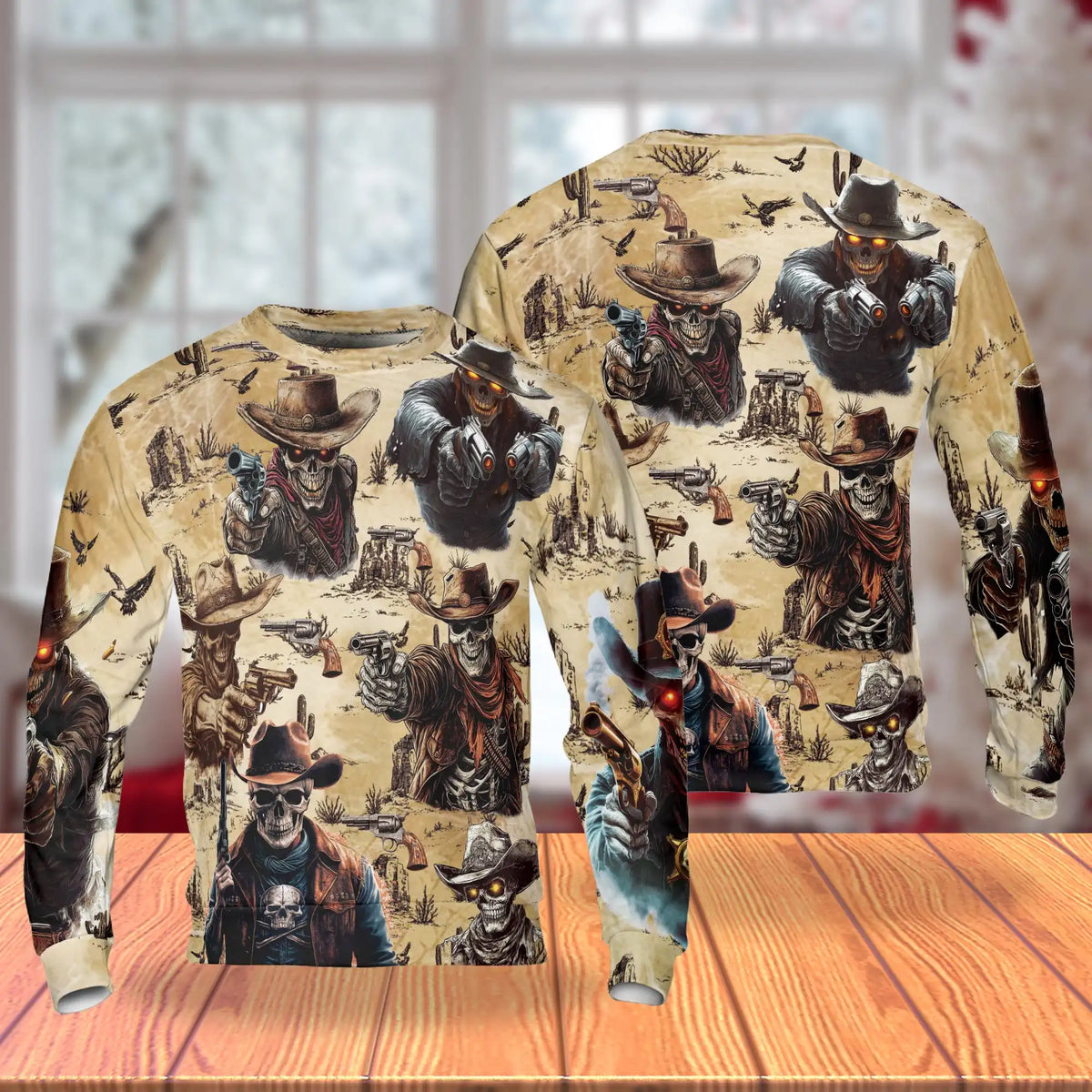 Skeleton Cowboy Gunslinger Sweatshirt – Colorful Graphic 3D All Over Print Design
