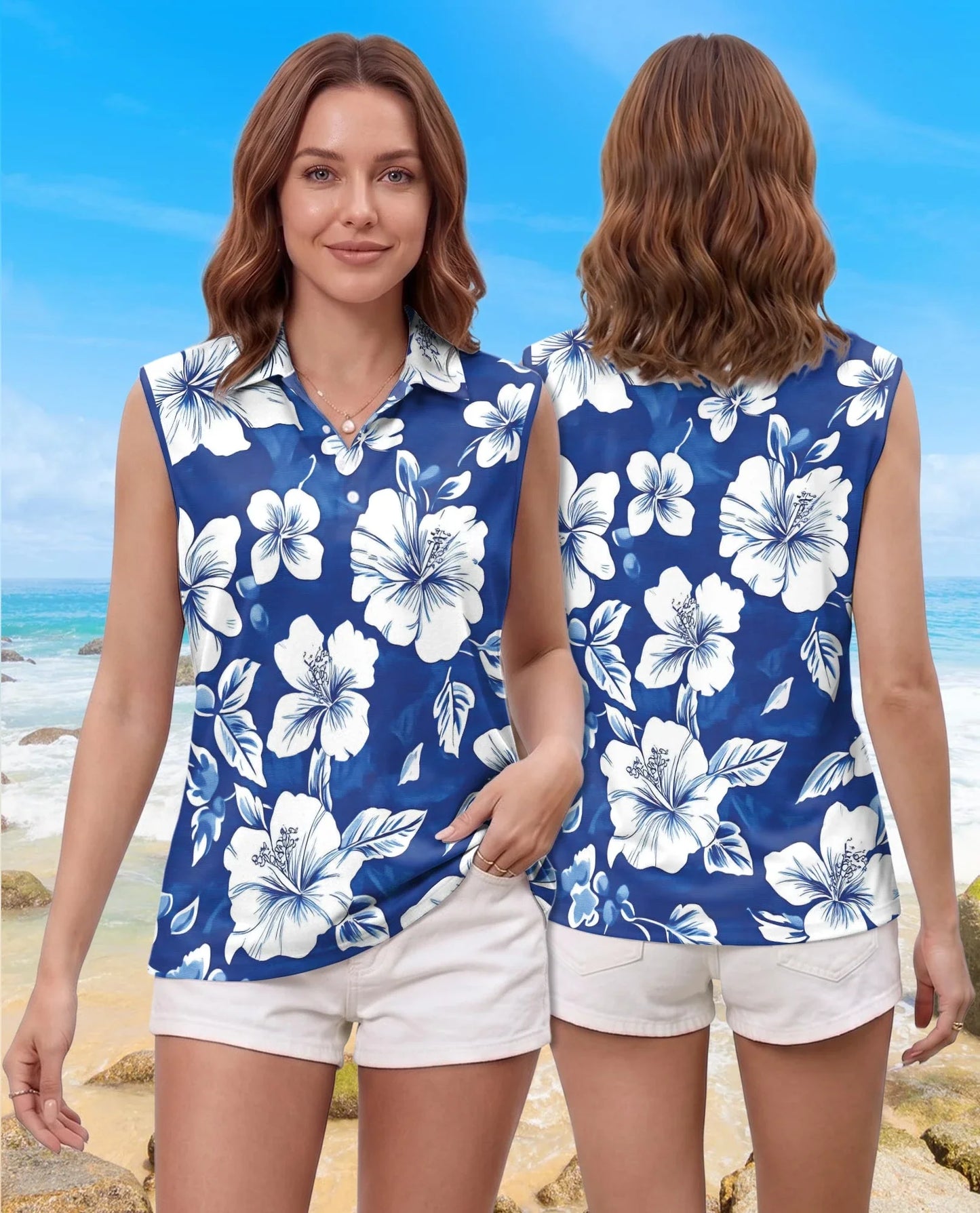 Tropical Hibiscus Blue Sleeveless Polo Shirt for Women | Azhawaiian