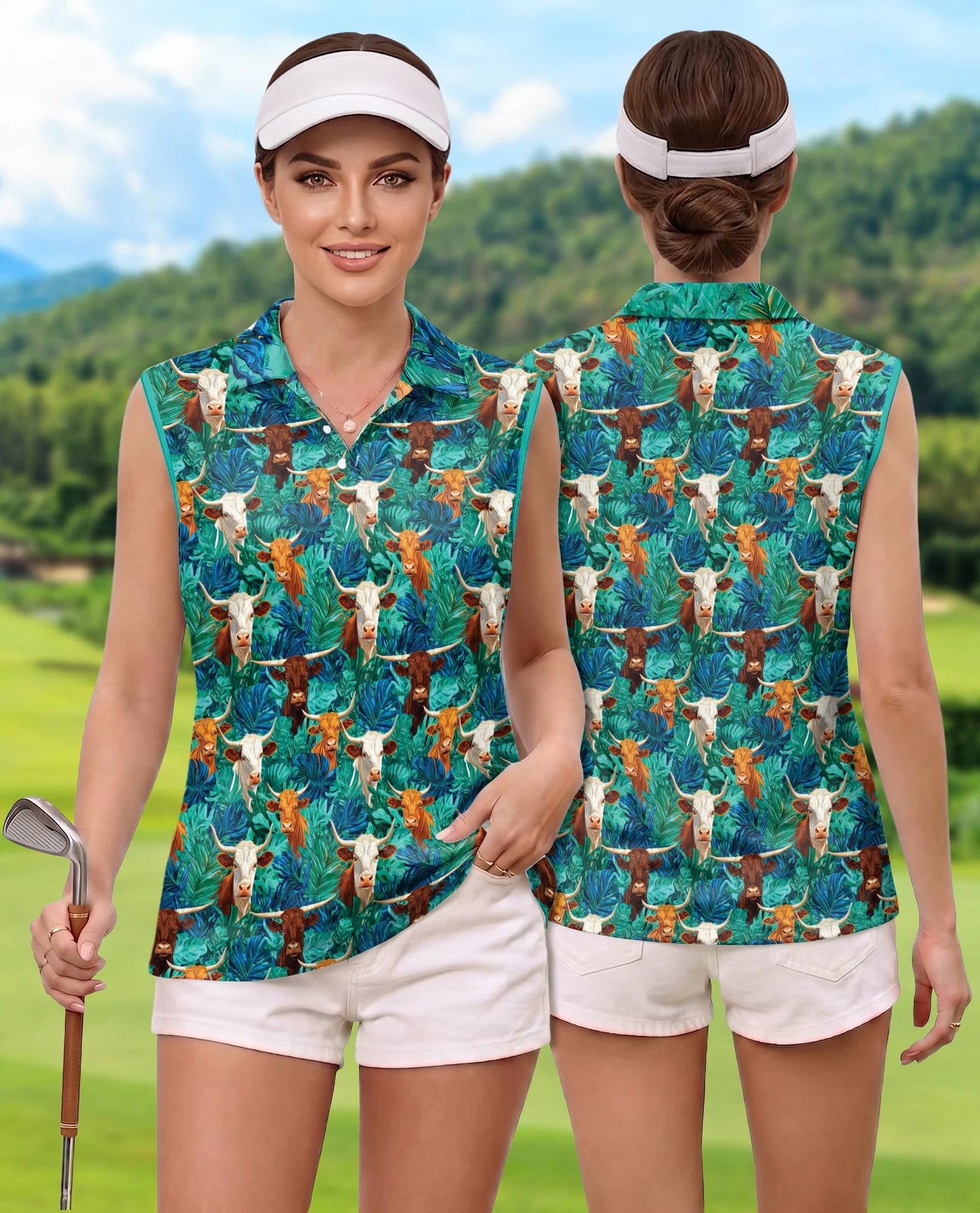 Cow and Tropical Leaves Pattern Sleeveless Polo Shirt for Women | Azhawaiian