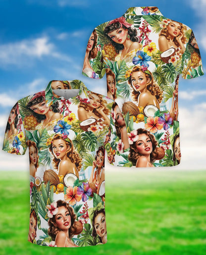 Tropical Pin Up Polo Shirt - Vintage Island Beauty Style | Azhawaiian