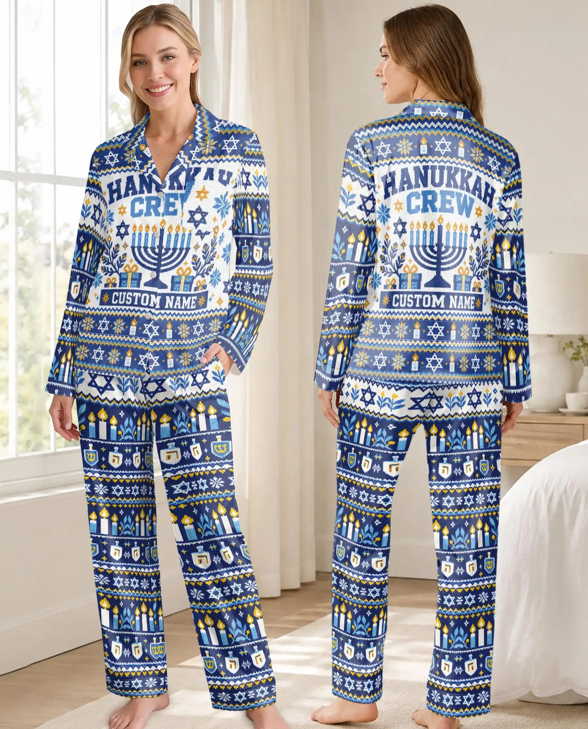 Personalized Hanukkah Crew Pajama Set for Women – Custom Name Navy Blue Menorah Print