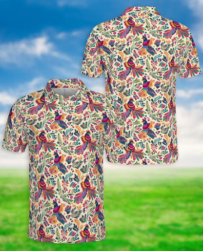 Colorful Bird Floral Polo Shirt, Tropical Pattern | Azhawaiian