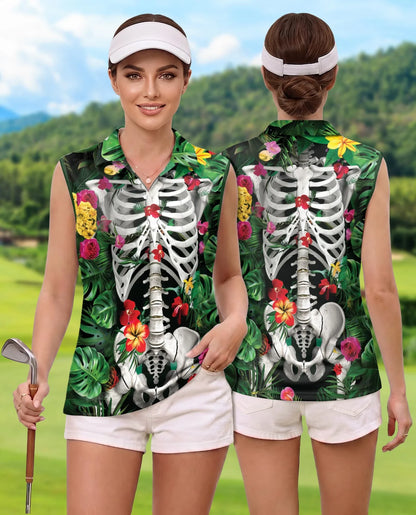 Tropical Floral Skeleton Print Sleeveless Polo Shirt for Women | Azhawaiian