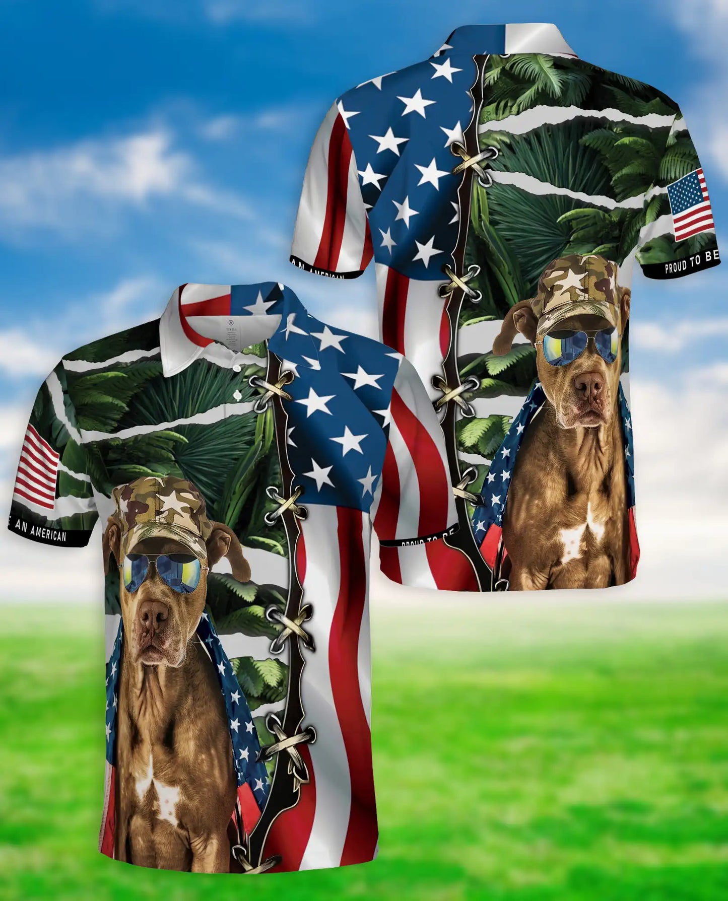 Patriotic Dog Polo Shirt for Men- American Style 4th of July Shirt  | Azhawaiian