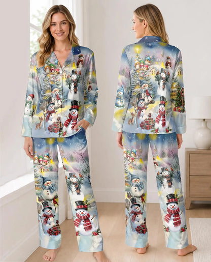 Snowman Christmas Pajama Set for Women, Winter Wonderland Holiday Sleepwear