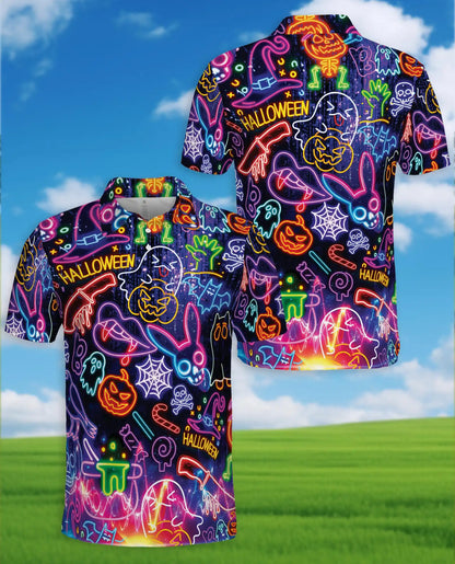 Halloween Neon Polo Shirt for Men, Glow in the Dark Party Style | Azhawaiian