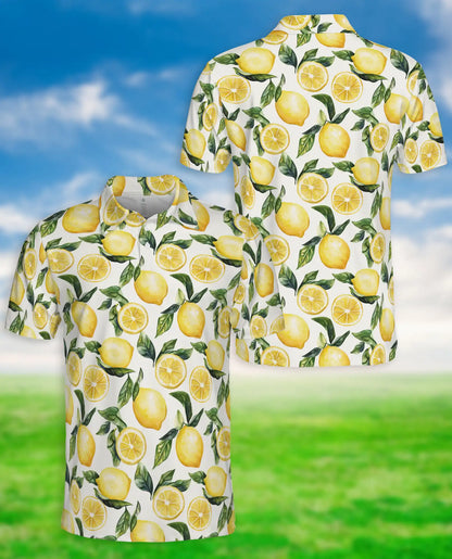 Lemon Print Polo Shirt, Fresh Citrus Pattern | Azhawaiian