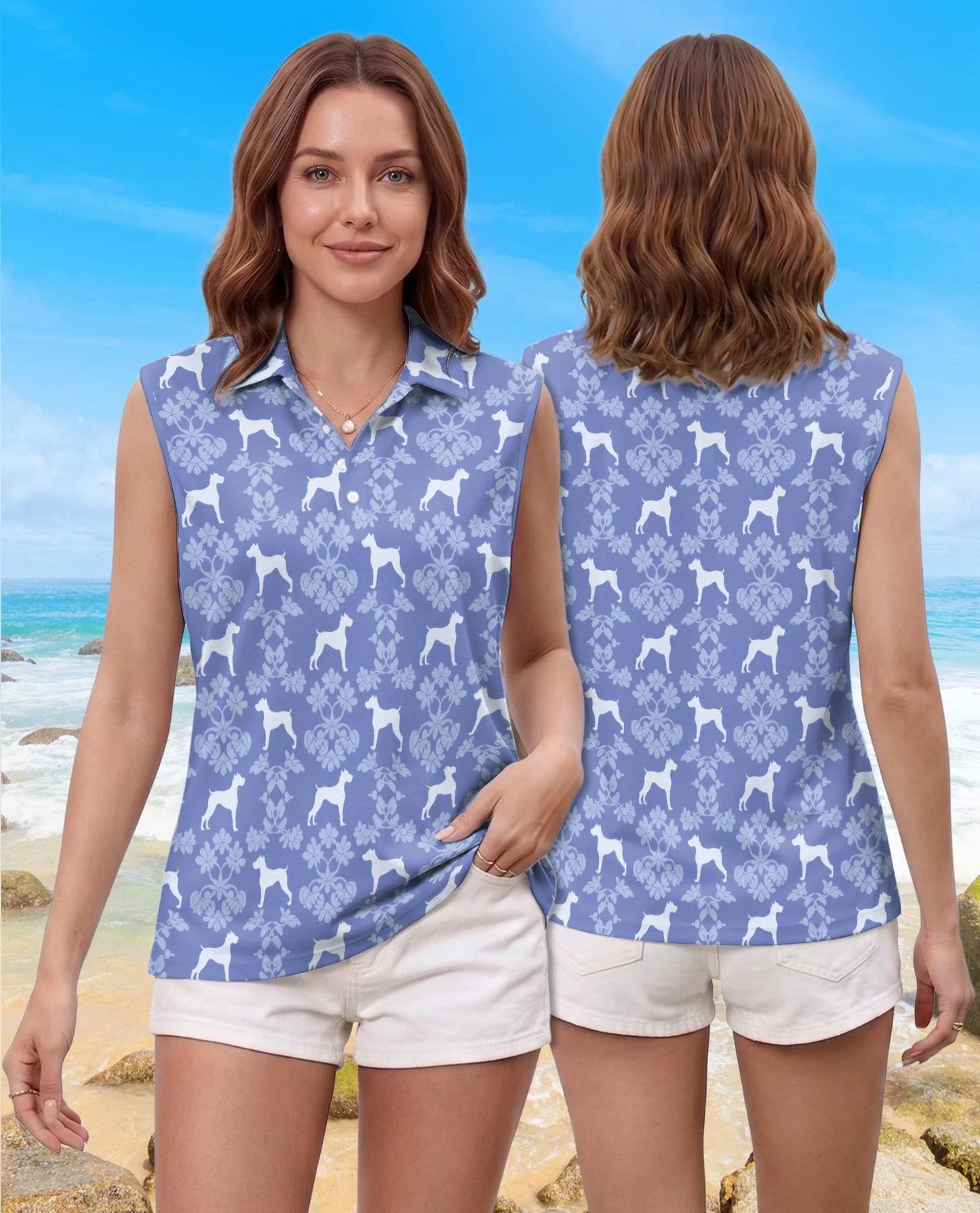 Boxer Dog Damask Pattern Sleeveless Polo Shirt for Women