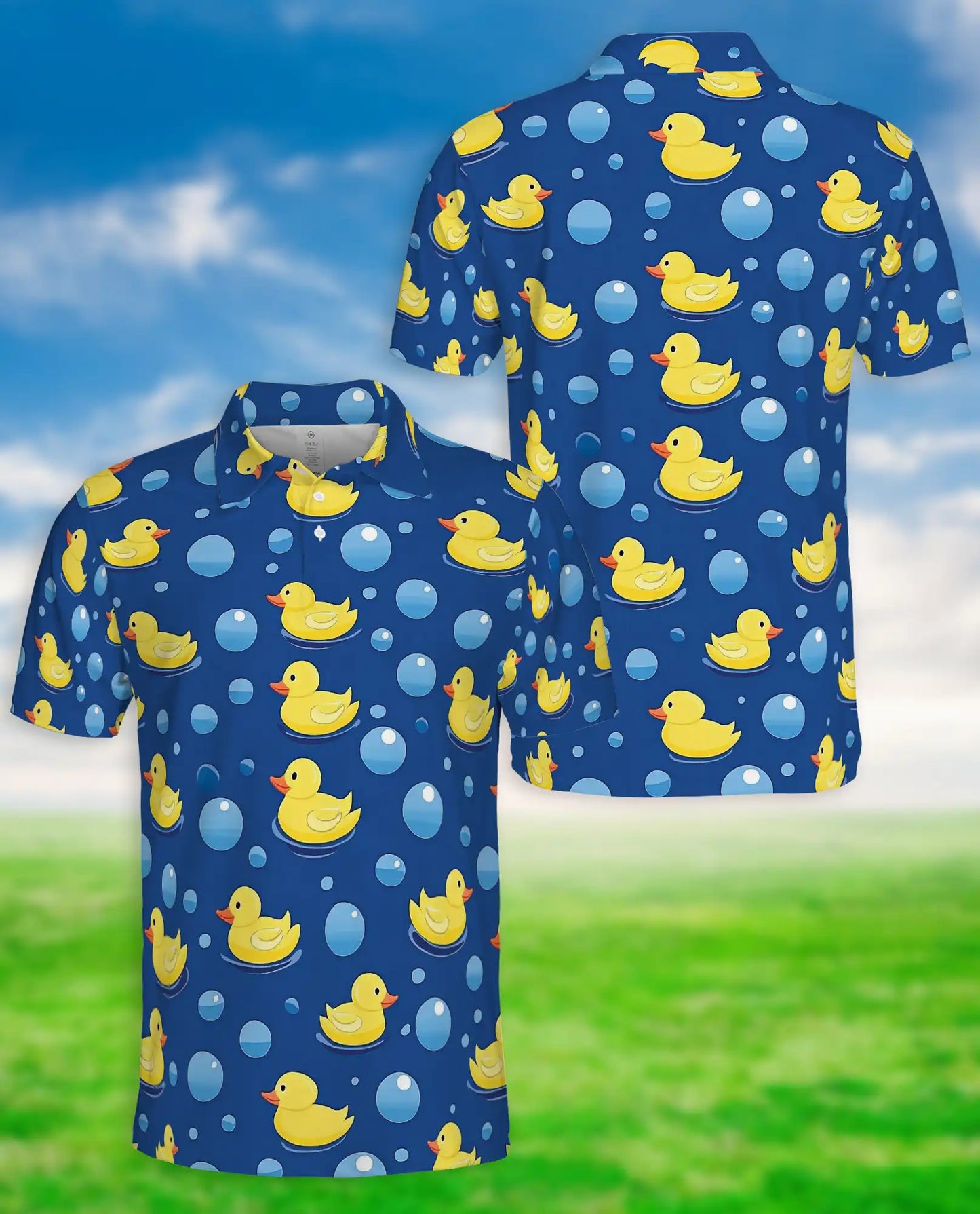 Cute Rubber Duck Bubble 3D Polo Shirt for Men, Fun Cartoon Bath Style | Azhawaiian