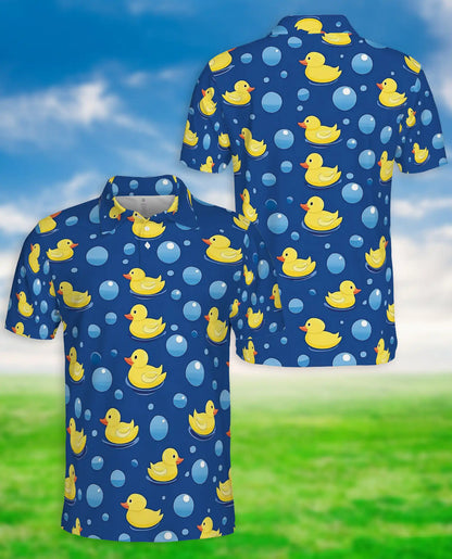 Cute Rubber Duck Bubble 3D Polo Shirt for Men, Fun Cartoon Bath Style | Azhawaiian