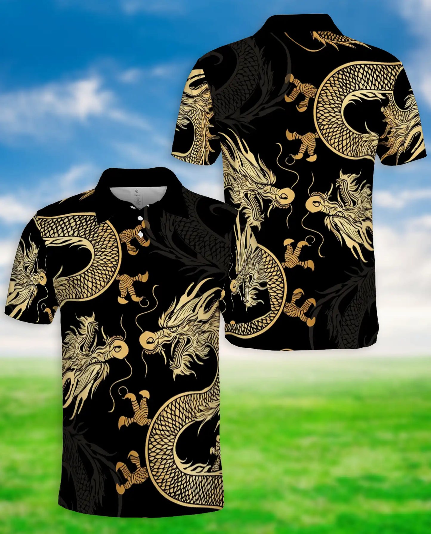 Gold Dragon 3D Polo Shirt for Men, Black Asian Fantasy Art Style | Azhawaiian