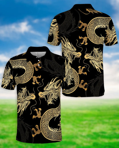 Gold Dragon 3D Polo Shirt for Men, Black Asian Fantasy Art Style | Azhawaiian