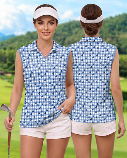 Blueberry Gingham Print Sleeveless Polo Shirt for Women  | Azhawaiian