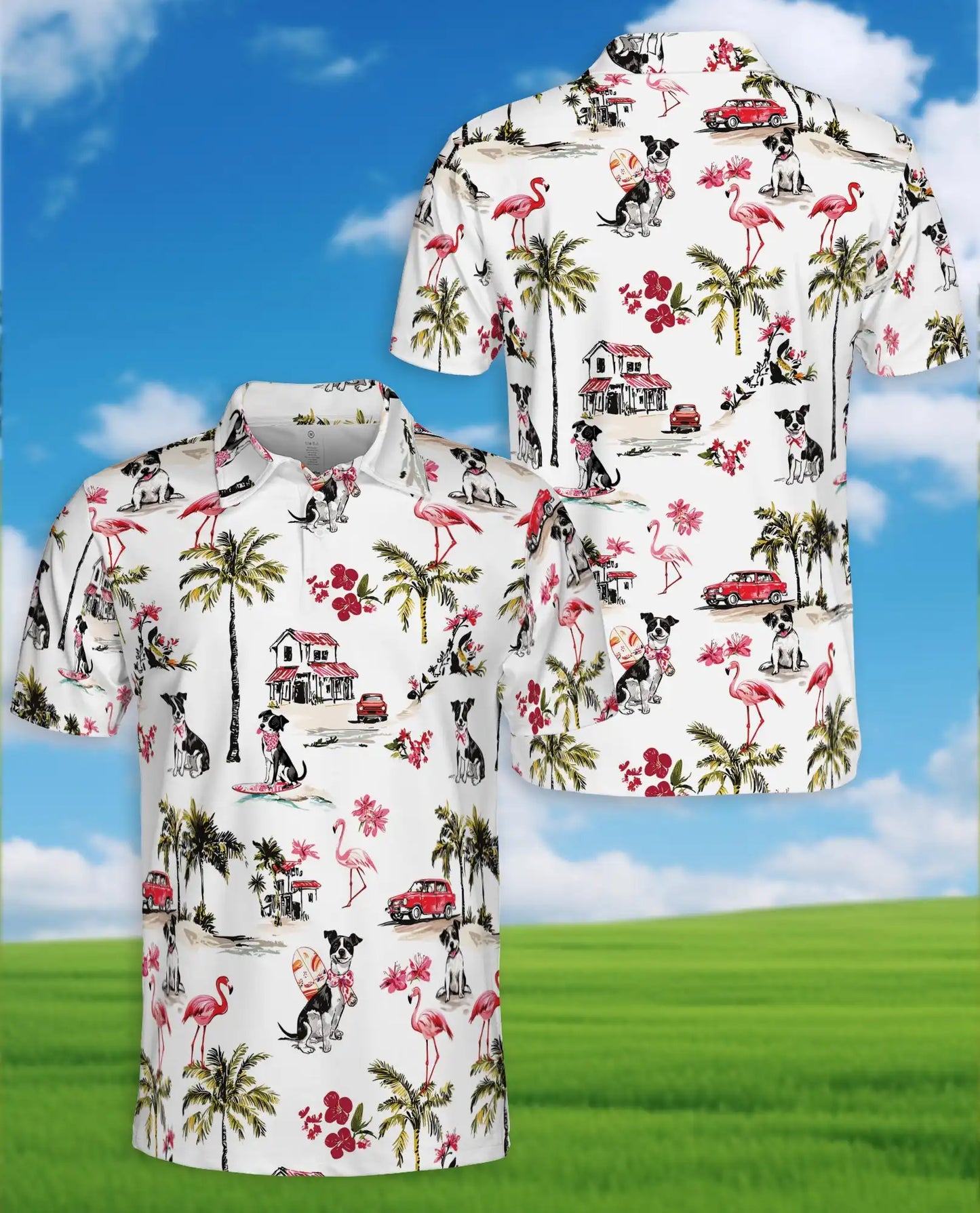 Coastal Dog Flamingo Polo Shirt - Tropical Beach Vacation Style | Azhawaiian