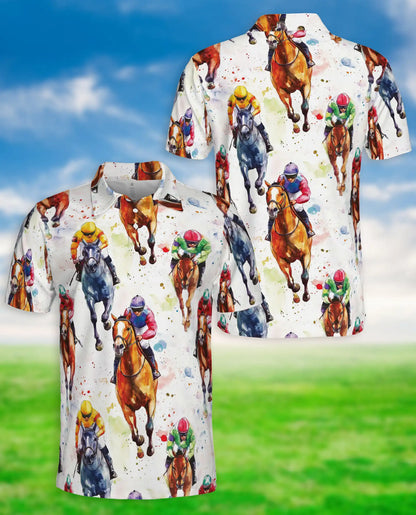 Watercolor Horse Racing 3D Polo Shirt for Men, Jockey Derby Sports Style | Azhawaiian