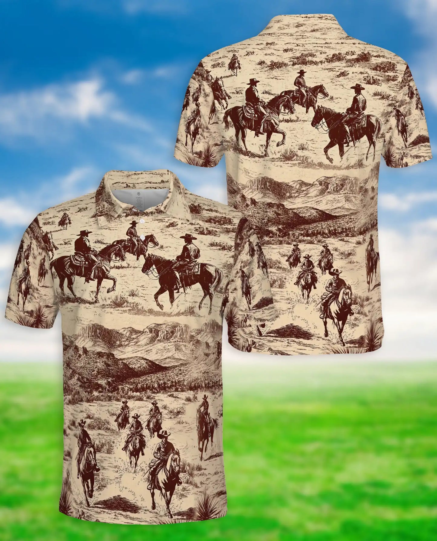 Vintage Cowboy Western 3D Polo Shirt for Men, Rustic Ranch Desert Style | Azhawaiian