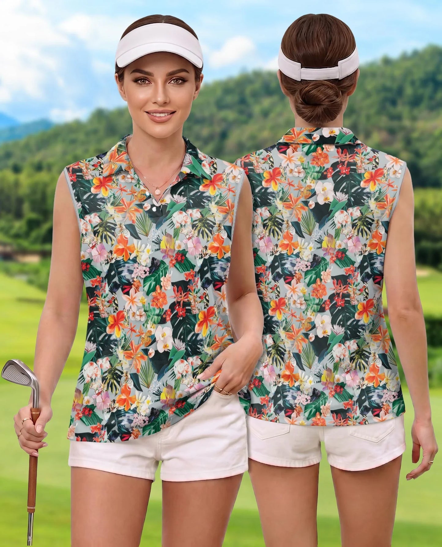 Flower Ephemera Sleeveless Polo Shirt for Women | Azhawaiian