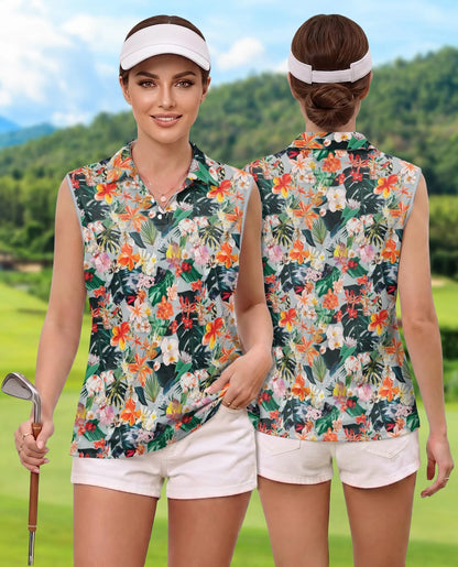 Flower Ephemera Sleeveless Polo Shirt for Women | Azhawaiian
