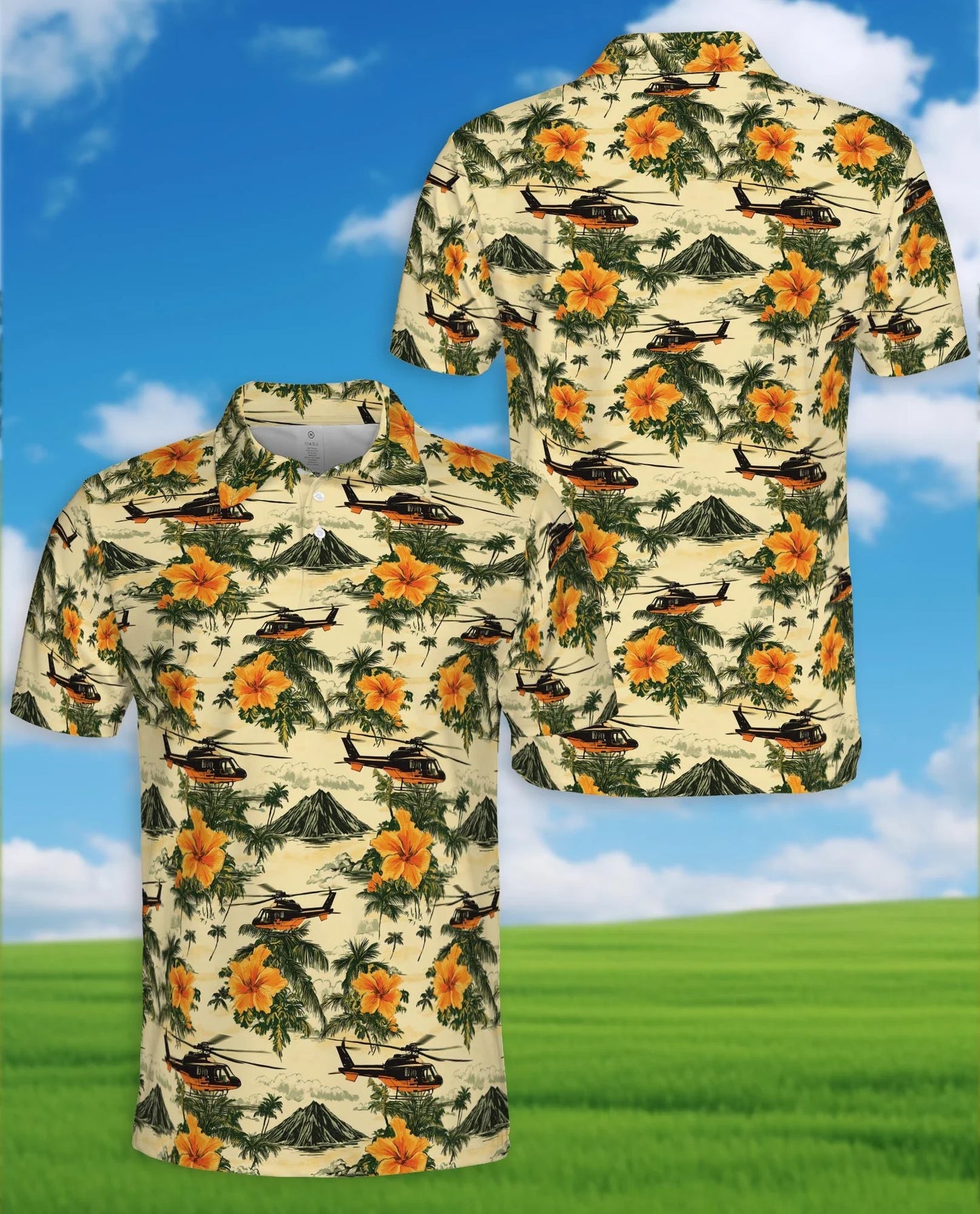Helicopter Tropical Polo Shirt for Men, Island Aviation Style | Azhawaiian