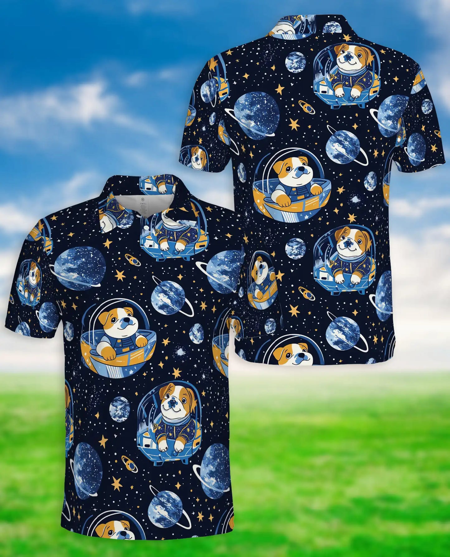 Cute Astronaut Dog 3D Polo Shirt for Men, Space Galaxy Cartoon Style | Azhawaiian