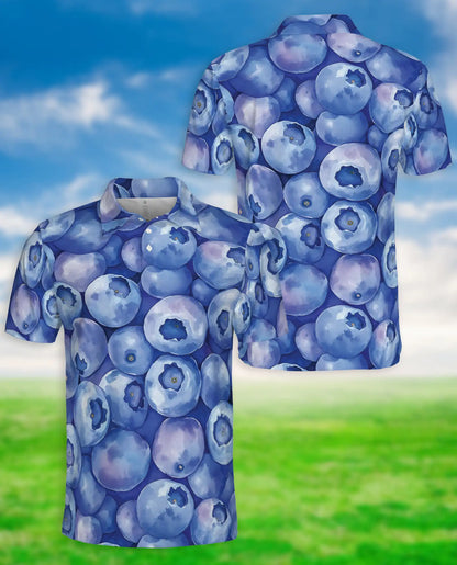Blueberry Patten Polo Shirt For Men, Summer Fruit Print | Azhawaiian