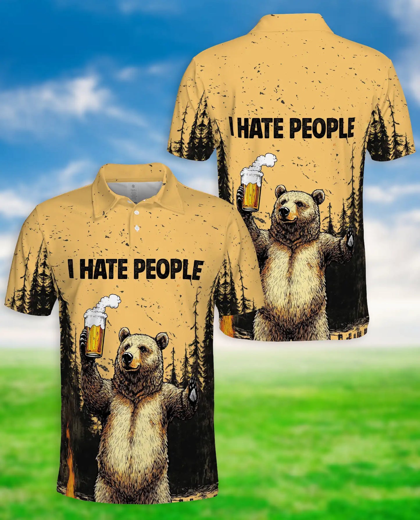 Funny Bear Beer 3D Polo Shirt for Men, Camping Wilderness Humor Style | Azhawaiian