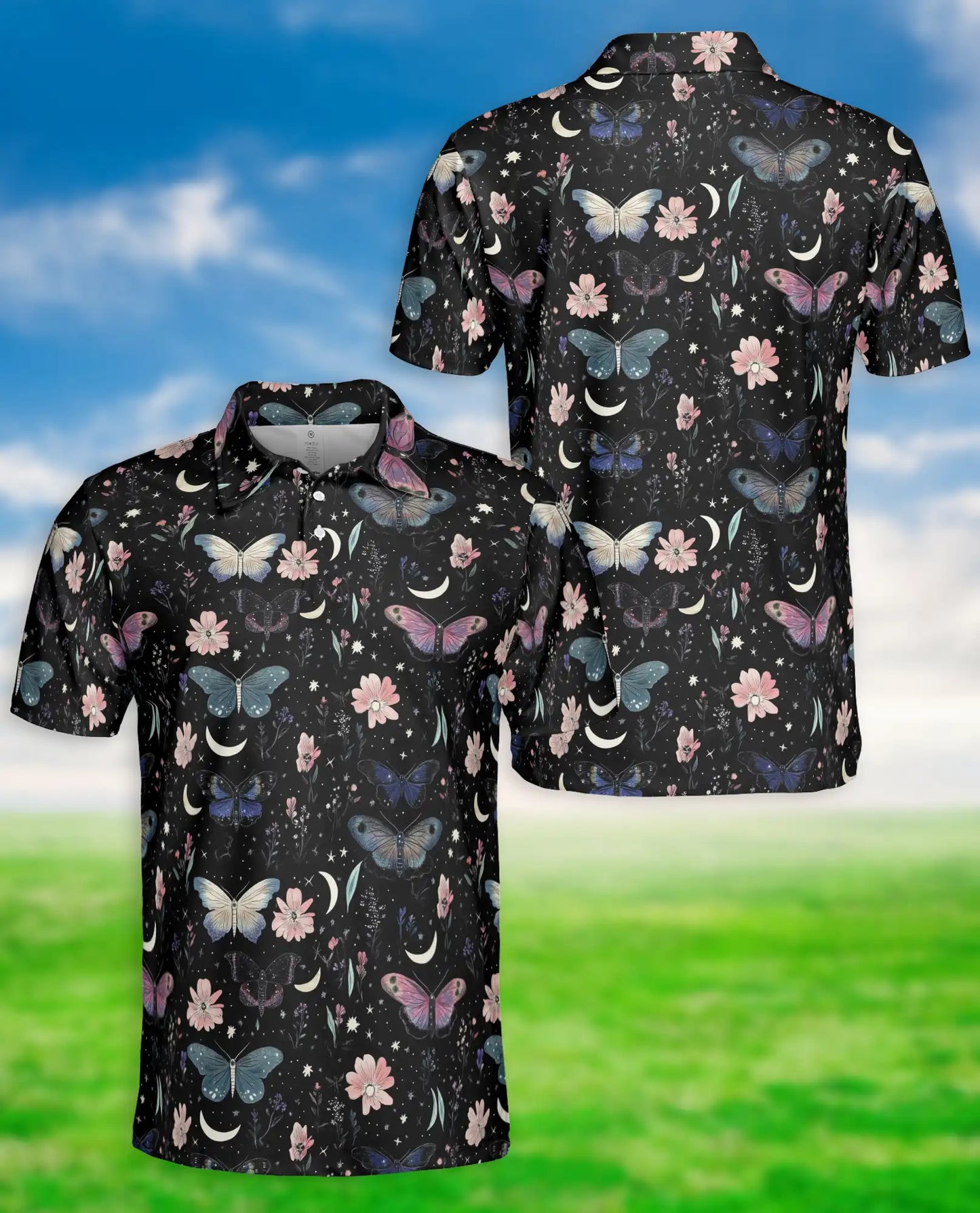 Butterfly Night Sky Polo Shirt, Moon & Floral Style | Azhawaiian