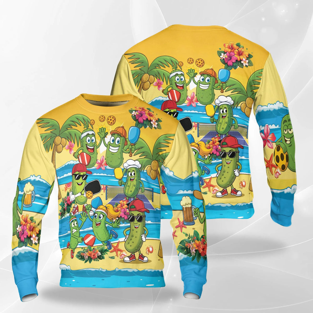 Pickleball Cartoons on the Beach Sweatshirt – Colorful Graphic 3D All Over Print Design