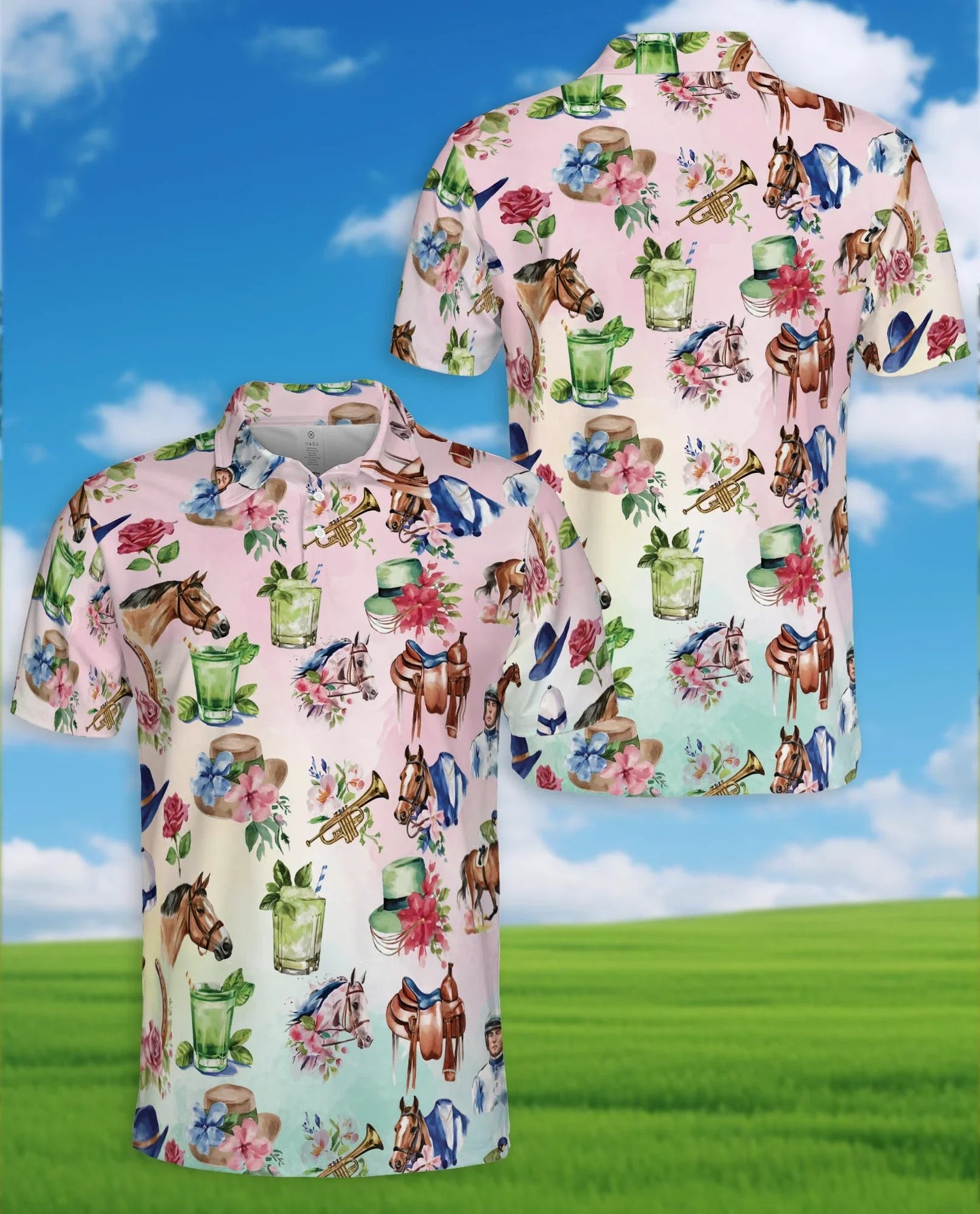 Horse Racing Cocktail Polo Shirt for Men, Equestrian Party Style | Azhawaiian