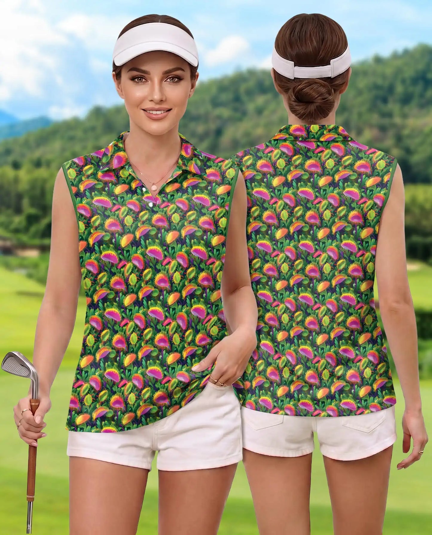 Venus Flytrap Sleeveless Polo Shirt for Women, Exotic Botanical Plant Style | Azhawaiian