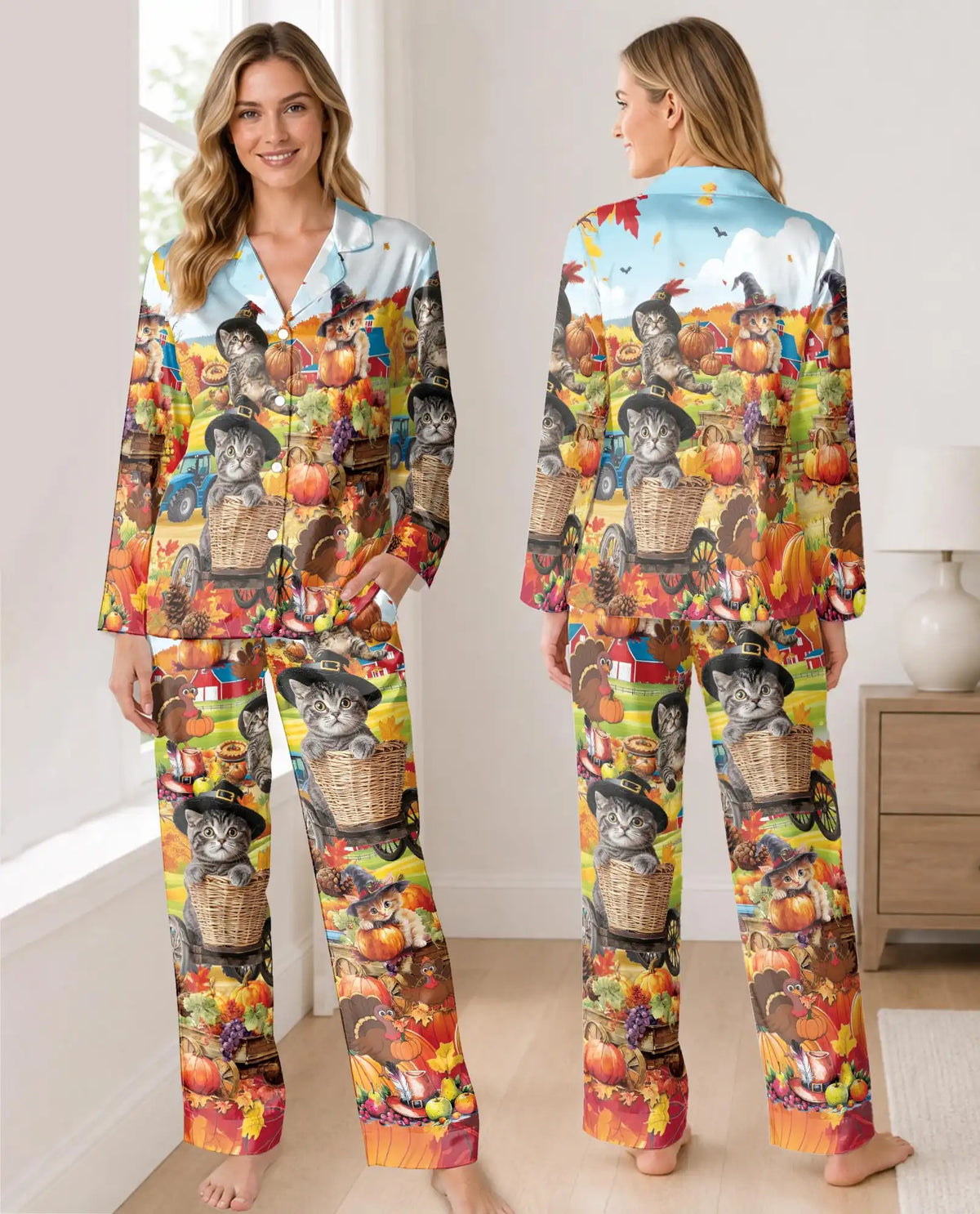 Thanksgiving Farm Cat Pajama Set for Women – Pumpkin Harvest Print