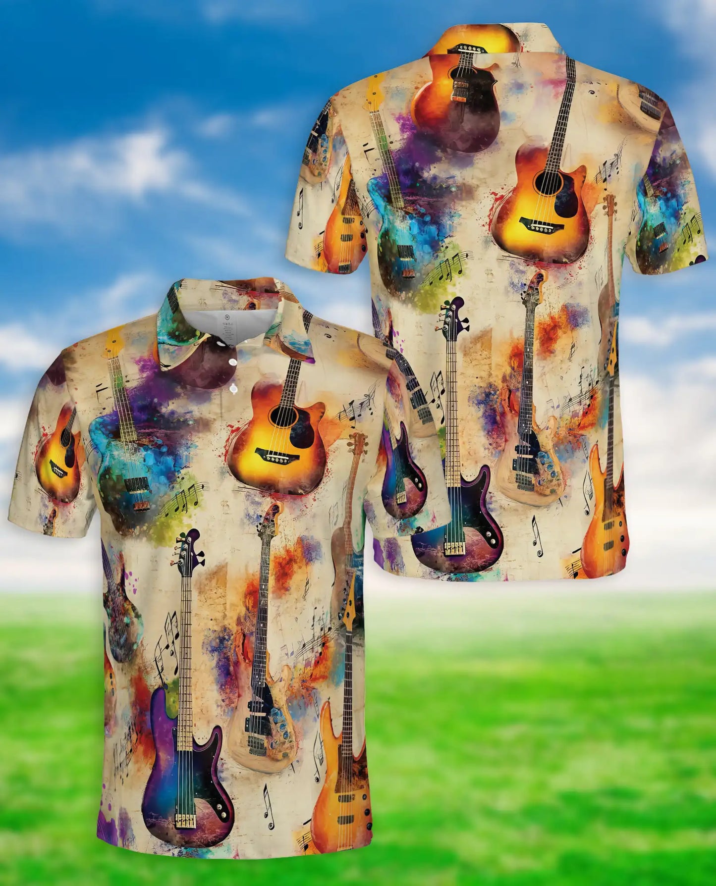 Watercolor Guitar Polo Shirt, Artistic Music Print | Azhawaiian