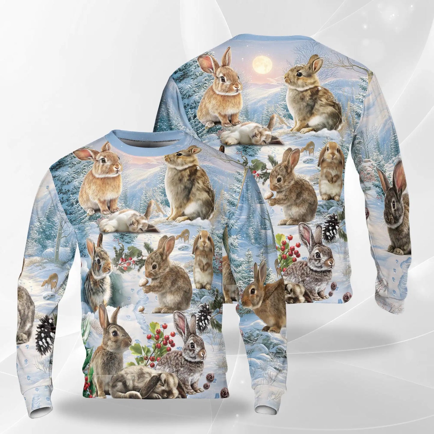 Rabbits in Snow Sweatshirt – Colorful Graphic 3D All Over Print Design