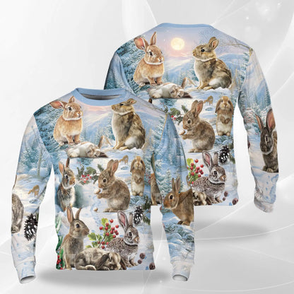 Rabbits in Snow Sweatshirt – Colorful Graphic 3D All Over Print Design