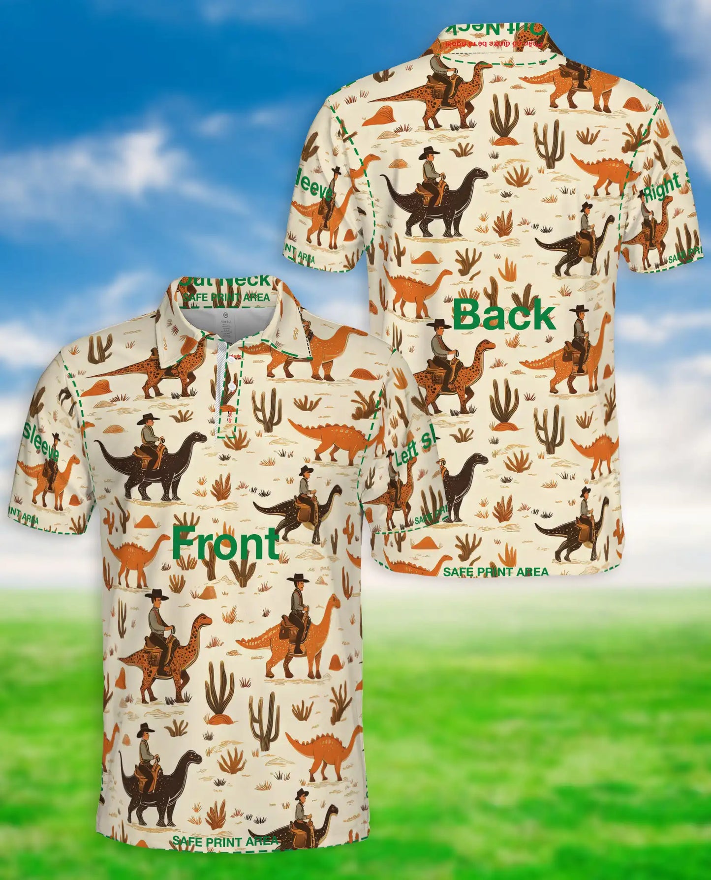 Cowboy Dinosaur 3D Polo Shirt for Men, Western Desert Adventure Style | Azhawaiian