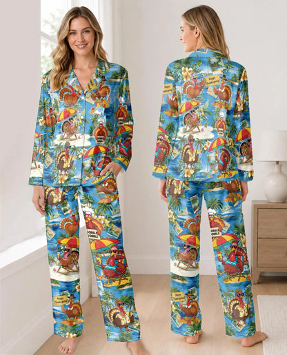 Funny Turkey Thanksgiving Pajama Set for Women, Tropical Holiday Sleepwear