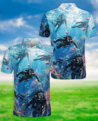 Scuba Diving Polo Shirt, Ocean Reef Print | Azhawaiian