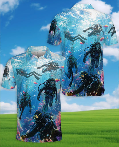Blue Scuba Diving Coral Reef Polo Shirt for Men, Ocean Adventure Style | Azhawaiian
