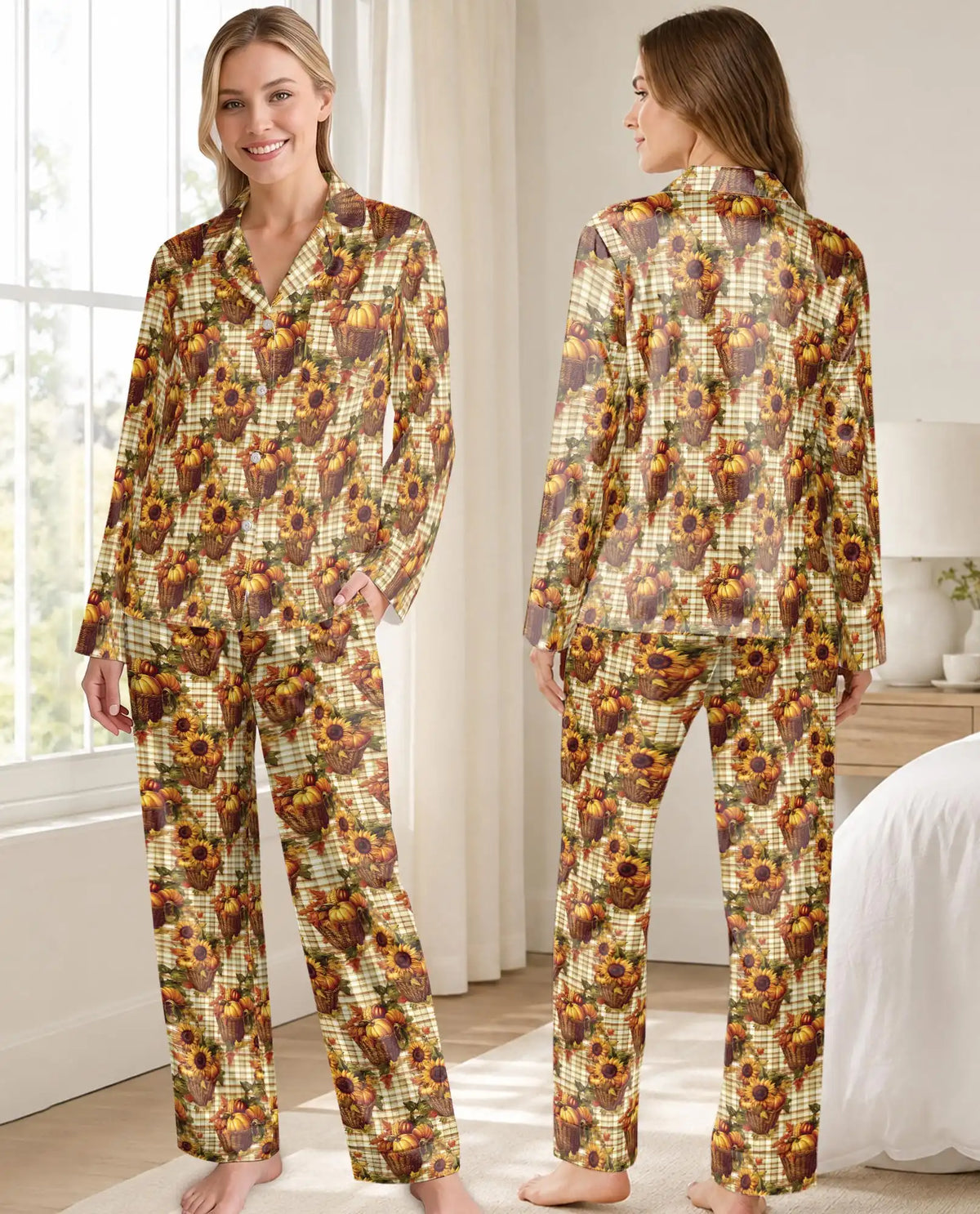 Fall Sunflower & Pumpkin Pajama Set for Women – Rustic Plaid Print
