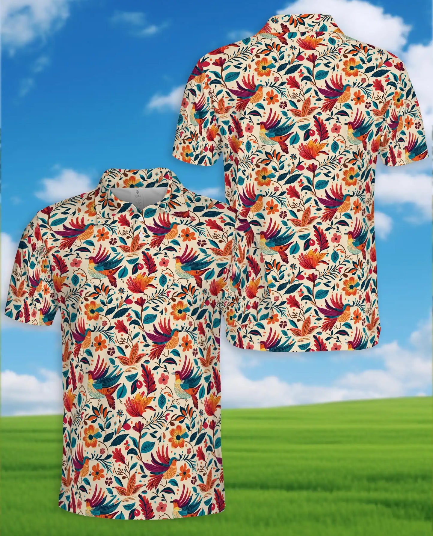 Colorful Tropical Bird Polo Shirt - Floral Folk Art Nature Pattern | Azhawaiian