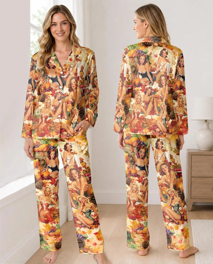 Thanksgiving Pajama Set for Women, Vintage Pin Up Holiday Sleepwear with Autumn Design