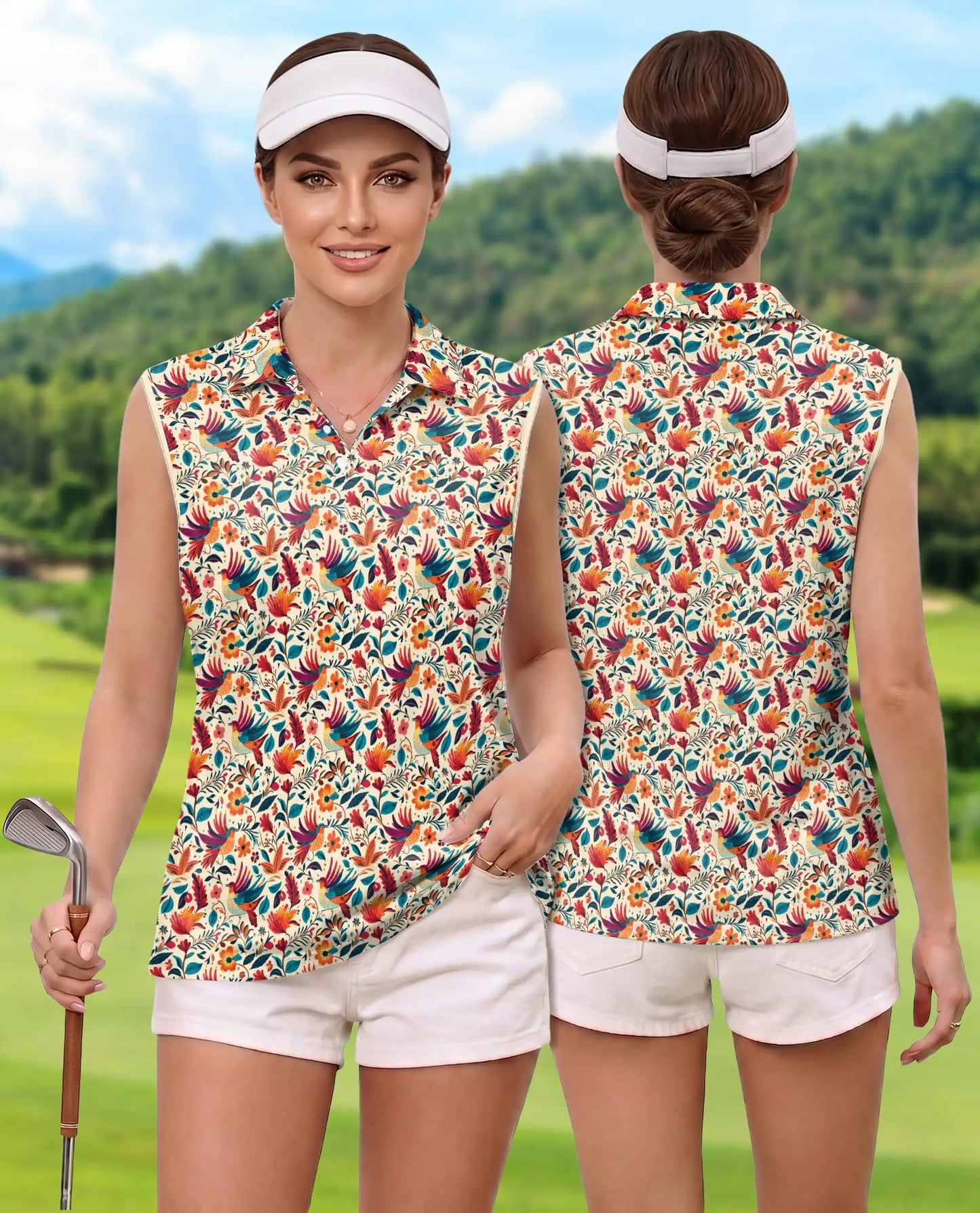 Vintage Chintz Bird Floral Sleeveless Polo Shirt for Women