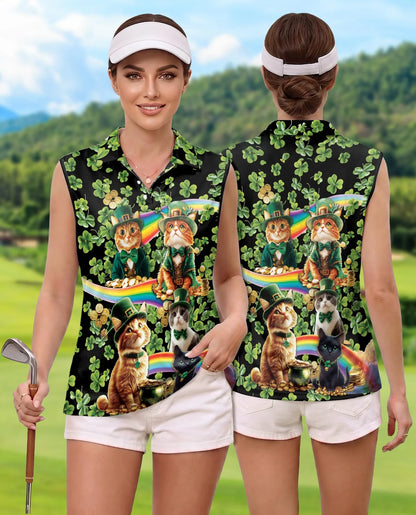 Saint Patrick's Day Cats Shamrocks Sleeveless Polo Shirt for Women | Azhawaiian